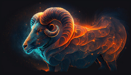 Zodiac Signs - Aries: Bold and Fiery Illustration with Passion and Courage, Set Against a Starry Sky in Modern and Edgy Style - Generative AI