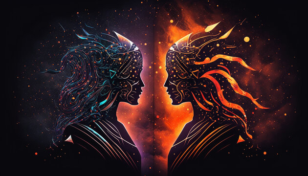 Zodiac Signs: Gemini in Fiery Colors and Dynamic Lines on Starry Sky, Conveying Courage and Passion in Modern and Edgy Style - Generative AI