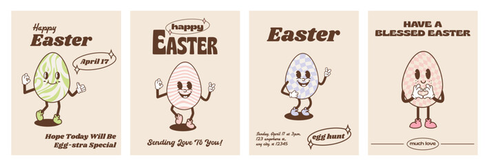 Fototapeta premium Vector set of posters with easter cartoon eggs. Easter egg collection in groovy hippie style. Design templates for flyers, party invitations, cards, prints or social media. Trendy retro 60s, 70s, 80s.