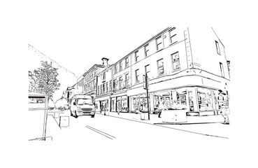 Building view with landmark of Preston is the 
city in England. Hand drawn sketch illustration in vector.