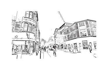 Building view with landmark of Preston is the 
city in England. Hand drawn sketch illustration in vector.