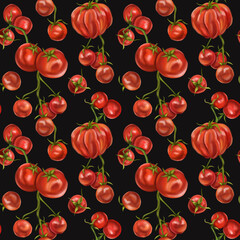 Seamless hand drawn pattern with red tomatoes and cherry tomatoes. Vegetable background for textiles, fabrics, banner, wrapping paper, and other designs. Digital illustration on black background