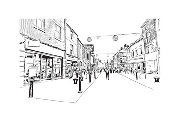 Building view with landmark of Preston is the 
city in England. Hand drawn sketch illustration in vector.