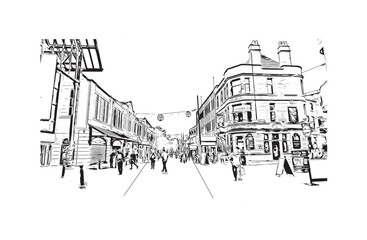 Building view with landmark of Preston is the 
city in England. Hand drawn sketch illustration in vector.