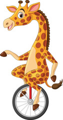Cartoon giraffe riding one wheel bike