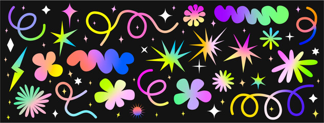 Set brutalist abstract geometric shapes, sticker pack. Contemporary figure spiral, flowers, star, lines. Vector illustration with colourful trendy elements. 