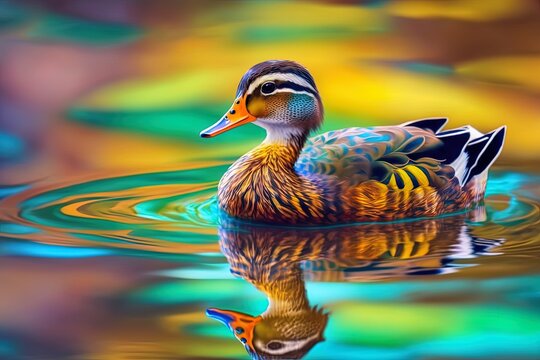 Photograph taken with a narrow depth of field, focusing in on a colorful duck swimming in a pond. Generative AI