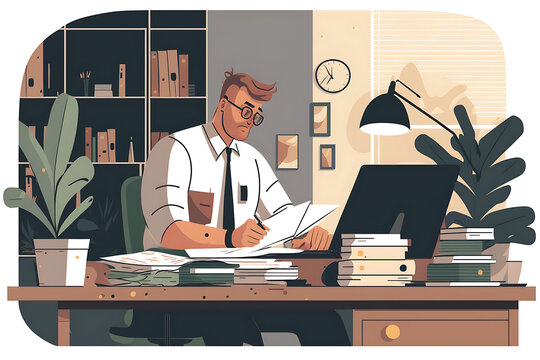 Flat vector illustration Corporate Communications. Happy male manager working with documents, chatting on mobile phone and taking notes in office  