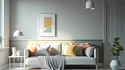 Living room interior: grey, cozy, sofa, contemporary, 5K, empty, blank, nobody, no people, photorealistic, illustration, Generative AI