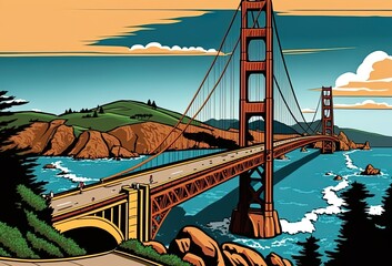 Golden Gate Bridge in San Francisco, California, United States, as seen from Marin Head. Generative AI - obrazy, fototapety, plakaty