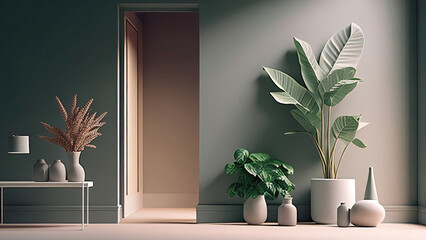 Plants and flowers in the hallway: interior, green wall, vases, 5K, empty, blank, nobody, no people, photorealistic, illustration, Generative AI