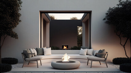Courtyard with a firepit: seating, together, chat, comfortable, air, fire, sky, 5K, empty, blank, nobody, no people, photorealistic, illustration, Generative AI