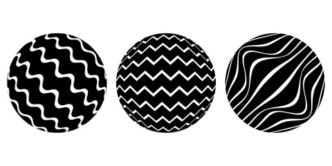 Set of black wavy spheres. Trendy design element for tattoo, prints, template, pattern, flyers, brochures,  background. Abstract circles