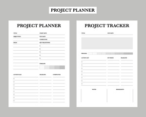 Project Planner and tracker template. Minimalist planner template set. Vector illustration.