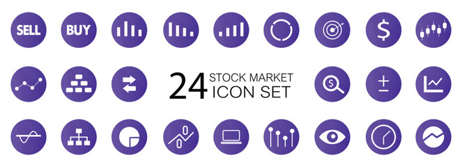 Stock market and investment icons set for personal and business use. Vector illustration icons for graphic and web design, app development, marketing material and business presentation.