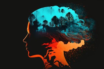 illustration d'une femme de profil, tête colorée avec forêt - obrazy, fototapety, plakaty