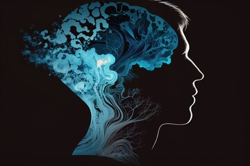 illustration d'une tête d'homme de profil, le cerveau comme de la fumée bleue sur fond noir - obrazy, fototapety, plakaty