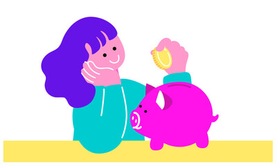 貯金箱にお金を貯める女の子のイラスト
