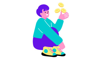 コインを手のひらに乗せて笑顔の男性のイラスト
