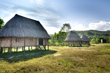 Rong house in Bahnar villages in Highland Vietnam. Rong house is used as a place to organize festivals, village meetings, is the communal house of Bahnar, Jar