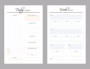 Daily weekly goals planner. Minimalist planner template set. Vector illustration.