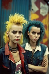 Portrait of two beautiful punk girls with colored dyed hair. Punk style. Urban tribes. Generative AI