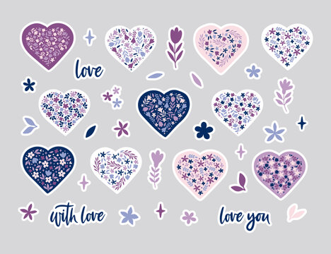 Flower heart stickers flat vector illustration. Cartoon handdrawn love set for Mothers Day holiday. Floral cute collection symbols for daily planner, calendar, diary, organizer, scrapbook.