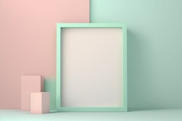 fond de présentation coloré pastel avec cadre et cubes sur mur rose et vert vide