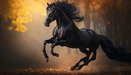 Obraz na płótnie Canvas black stalion horse jumping in front of forest made with generative AI