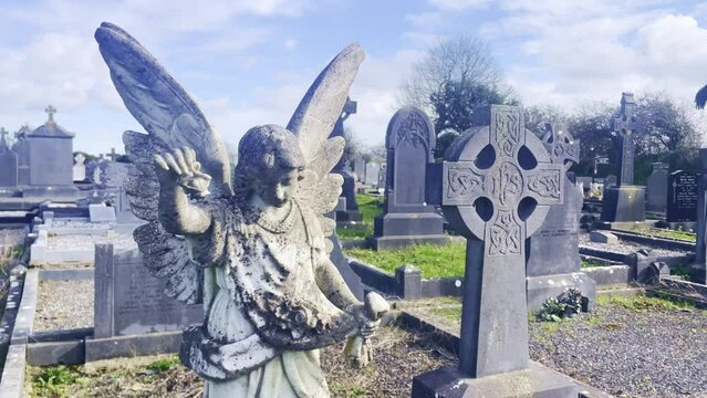 White marble angel, old headstones in a very old cemetery in Waterford City Ireland