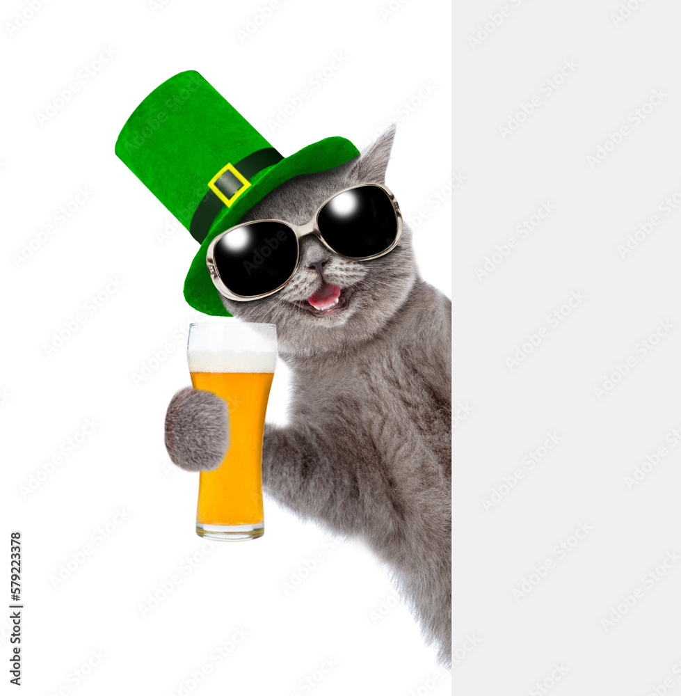 Aufkleber st. patricks day concept. happy cat holds glass of beer looks from behind empty white banner. isolat