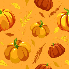 Autumn print, pumpkins and leaves seamless pattern