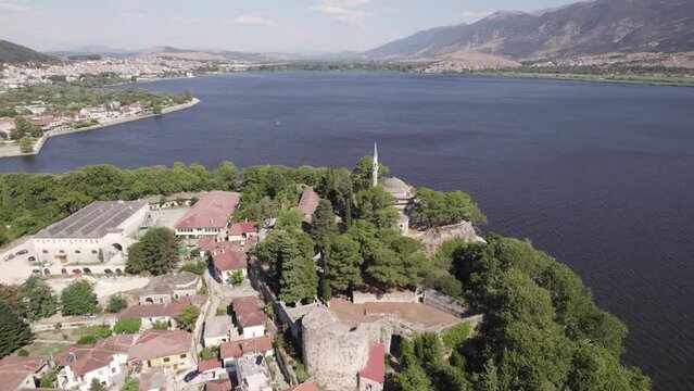 Aerial Panorama of stunning Aslan Pasha Mosque in historic Ioannina, Greece