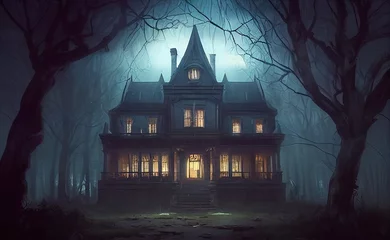 Foto op Plexiglas une maison hantée ou manoir sombre de nuit ambiance horreur, lune et mystère © nyothep