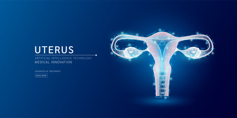 Website template. Female uterus anatomy translucent low poly triangles. Futuristic glowing organ hologram on dark blue background. Medical innovation diagnosis treatment concept. Banner vector. - obrazy, fototapety, plakaty