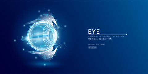 Website template. Human eyeball anatomy translucent low poly triangles. Futuristic glowing organ hologram on dark blue background. Medical innovation diagnosis treatment concept. Banner vector.