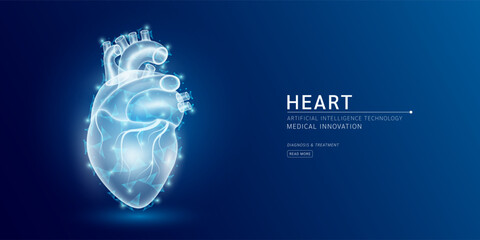 Website template. Human heart anatomy translucent low poly triangles. Futuristic glowing organ hologram on dark blue background. Medical innovation diagnosis treatment concept. Banner vector. - obrazy, fototapety, plakaty