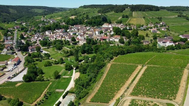 4K aerial footage of Pernand-Vergelesses, a famous wine producing commune in the C&ocirc;te-d'Or department in eastern France
