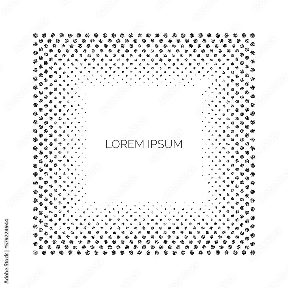 Poster Dotted square frame background. Black random dots faded border. Vintage stippled frame with space for text. Graphic design template. Vector element