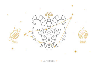 Capricorn zodiac sign with description of personal features. Astrology horoscope card with zodiac constellation on white background thin line vector illustration - obrazy, fototapety, plakaty
