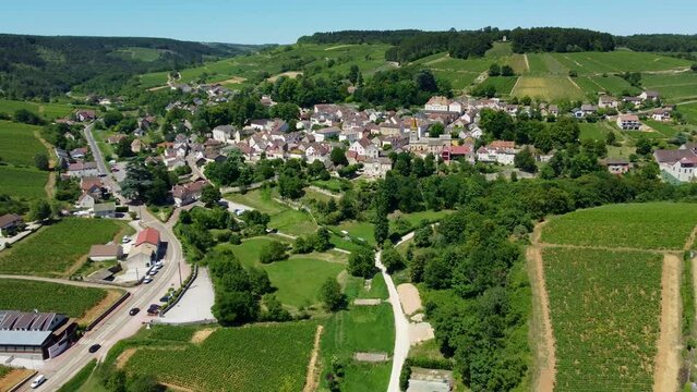 4K aerial footage of Pernand-Vergelesses, a famous wine producing commune in the C&ocirc;te-d'Or department in eastern France