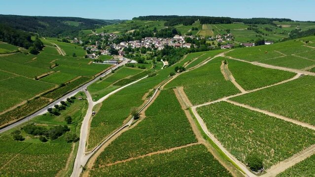 4K aerial footage of Pernand-Vergelesses, a famous wine producing commune in the C&ocirc;te-d'Or department in eastern France