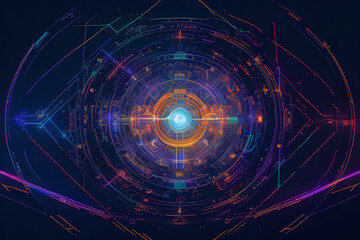 Fototapeta premium Abstract Detailed Radial Circles Lines Control Tech with Colorful Neon Futuristic HUD Generative AI Illustration