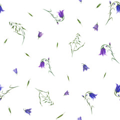 Fototapeta premium Floral seamless pattern of campanula, wild oats isolated on white background. Watercolor hand drawn illustration for poster, scrapbooking, invitations, prints, wallpaper, fabric, textile, wrapping.