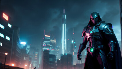 Fototapeta na wymiar Cyberpunk City at Night with Armored Super Hero Bright Lights Cloudy Sky Generative AI Illustration