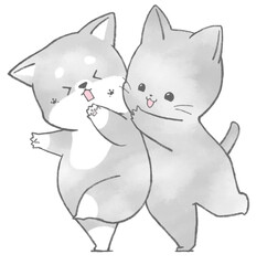 遊ぶいぬとねこ(灰色)