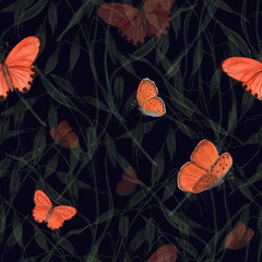 Watercolor seamless pattern of flying orange butterflies isolated on dark background of wild oats. For greeting card design, invitation template, prints, wallpaper, fabric, textile, wrapping.