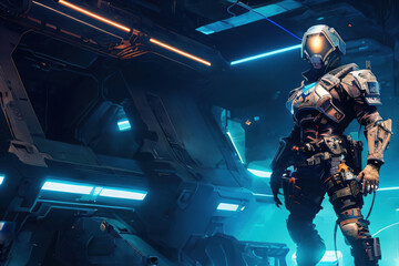 Sci-Fi Soldier in Detailed Armor with Helmet in Futuristic Corridor Generative AI Illustration