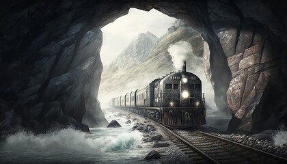Vintage steam train in a cave. 3Generative AI