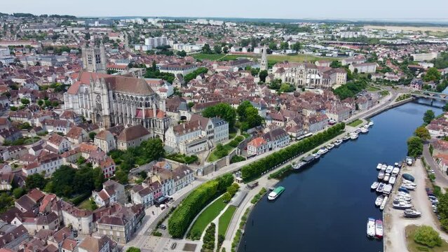 4K aerial drone view of Auxerre, which is the capital of the Yonne department and the fourth-largest city in Burgundy